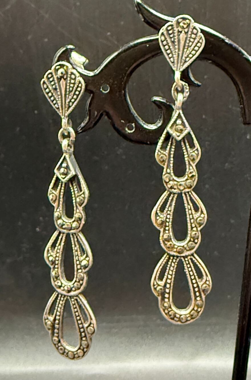 VTG 925 Art Deco Style Marcasite Dangle Stud Earrings Sterling Silver 2 inch 5 g